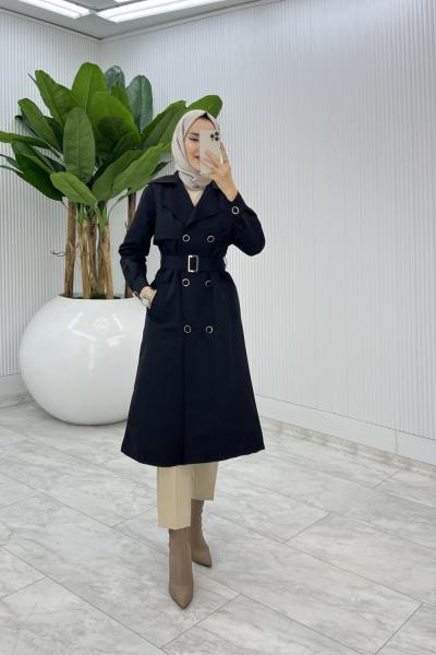 Siyah Premium Astarlı Eylem Trench Tesettür Giyim
