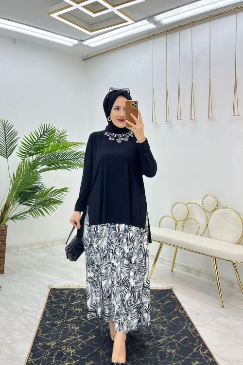 Siyah Sendi Palmiye Etek Takım Tesettür Giyim