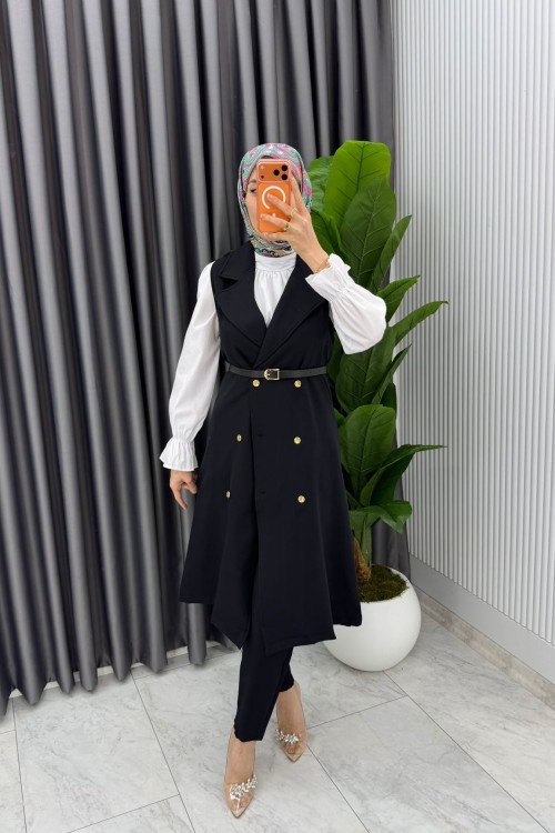 Siyah Tuğba Kemerli Yelek Takım Tesettür Giyim