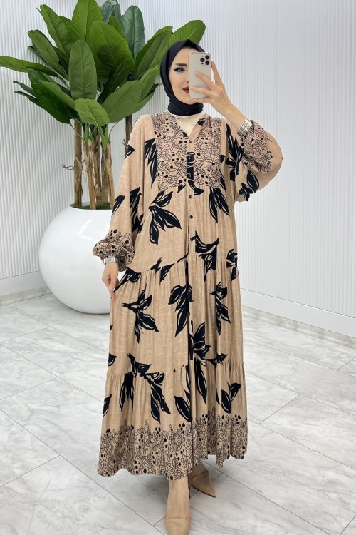 Vizon Yaprak Desen Elbise Tesettür Giyim