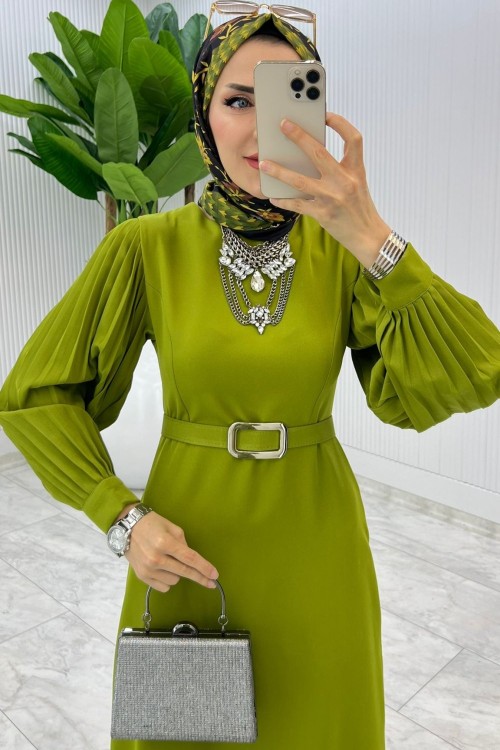 Yağ yeşili Kalem Elbise Tesettür Giyim