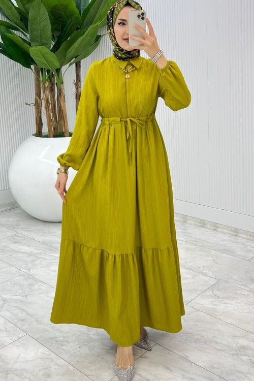 Yağ Yeşili Sehya Elbise Tesettür Giyim
