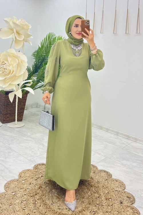 Yağ Yeşili Çisem Elbise Tesettür Giyim