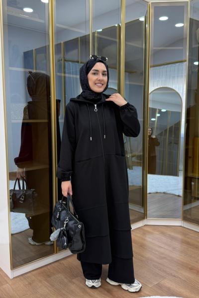 Aller Detaylı Kapüşonlu İkili Takım Siyah