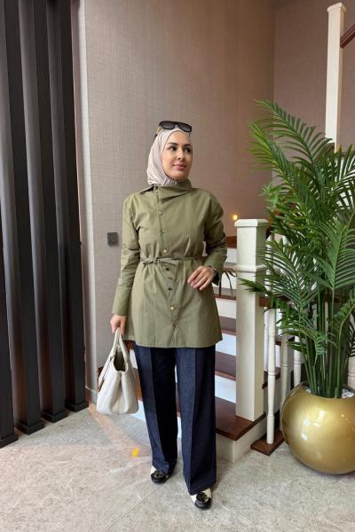 Asimetrik Yaka Gömlek Haki