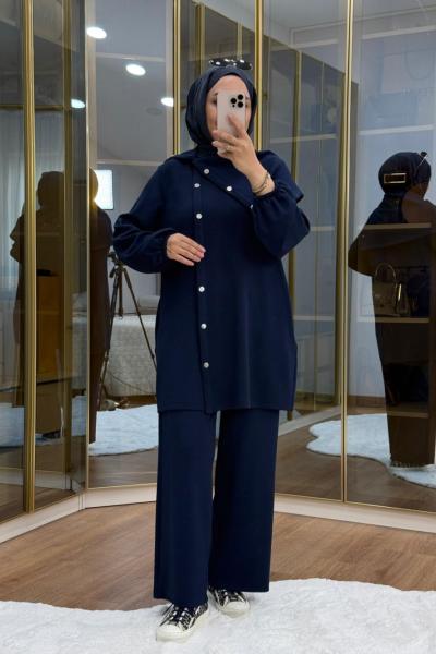 Asimetrik Metal Düğme Detaylı Takım Lacivert