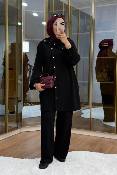 Asimetrik Metal Düğme Detaylı Takım Siyah