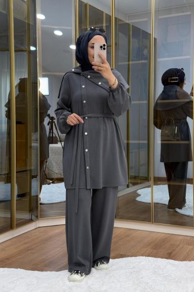 Asimetrik Metal Düğme Detaylı Takım Füme