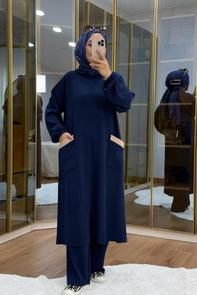 Burgu Kumaş Garnili Takım Lacivert