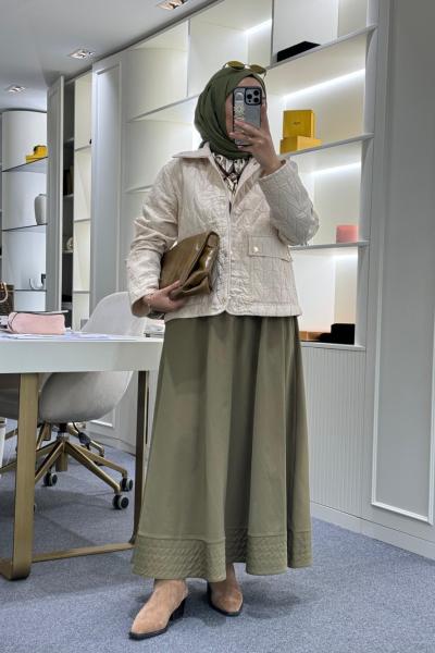 Dikiş Detaylı Beli Lastikli Etek Haki