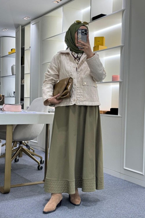 Dikiş Detaylı Beli Lastikli Etek Haki