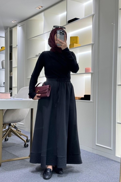 Dikiş Detaylı Beli Lastikli Etek Siyah