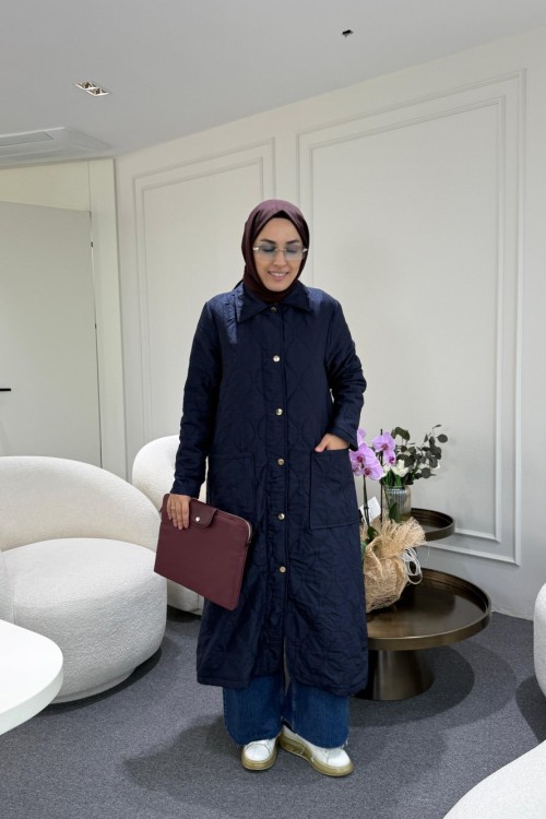 Kapitone Astarlı Mont  Lacivert