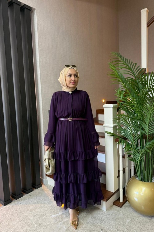 Katlı Şifon Elbise Mürdüm
