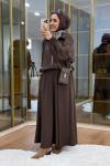 Omuzu Büzgülü Ceket Etek Takım Kahverengi
