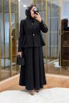 Pile Detaylı Ceket Etekli Takım Siyah