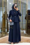 Pile Detaylı Ceket Etekli Takım Lacivert