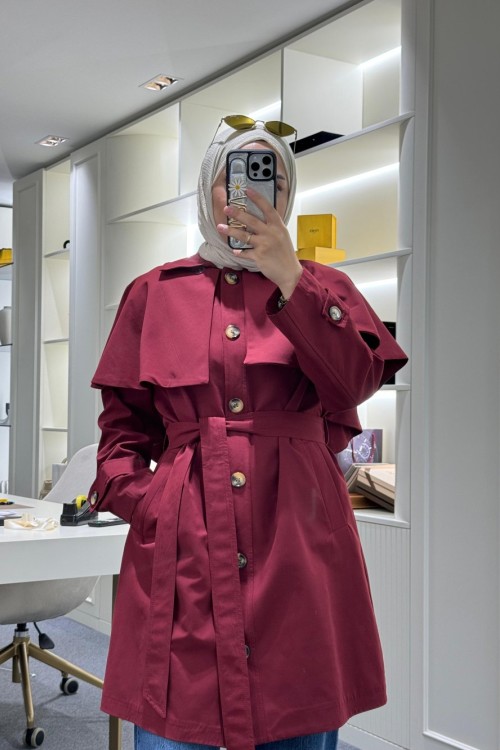 Seyyar Pelerinli Trençkot Bordo