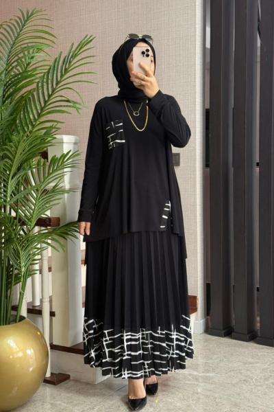 Yırtmaçlı Tilda Etekli Takım Siyah