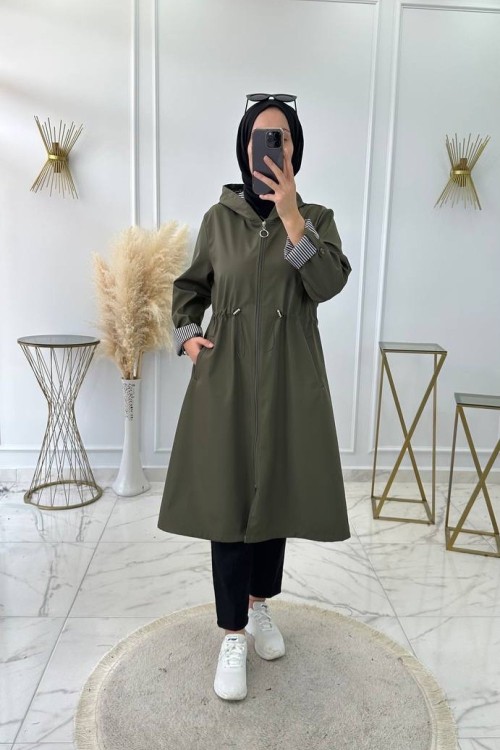 Çizgili Trenç Haki Yeşil