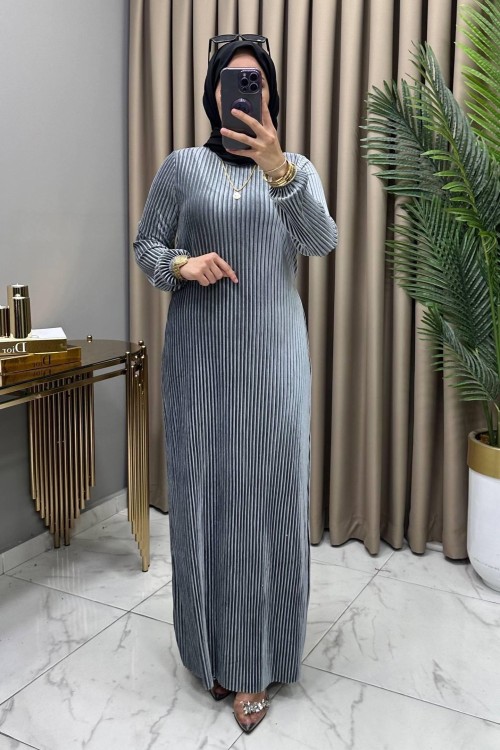 Multi Piliseli Kadife Elbise Gri