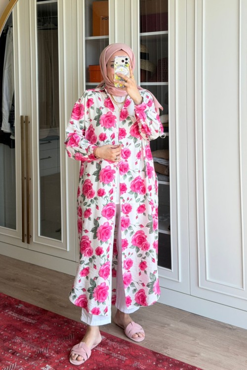 Çiçek Detaylı Tunik-Pembe