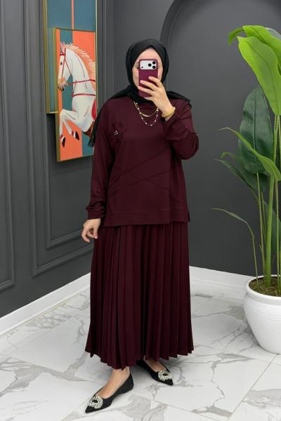 Çiçek Detaylı Etekli Takım - Bordo