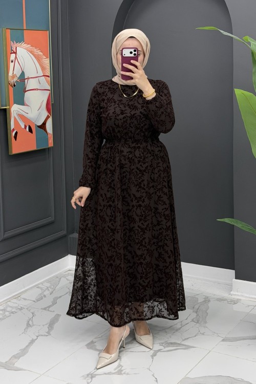 Dantel detaylı elbise- Kahve