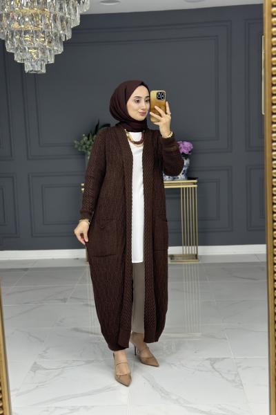 Hane uzun triko hırka - kahve