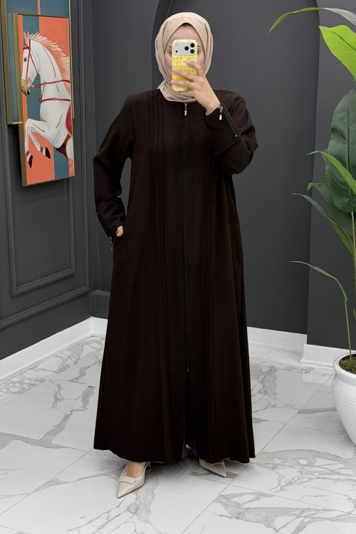 Taş Detaylı Tasarım Ferace-Kahverengi