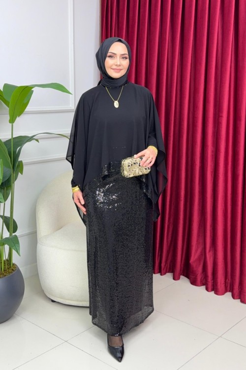 DİLA PELERİNLİ ELBİSE - SİYAH