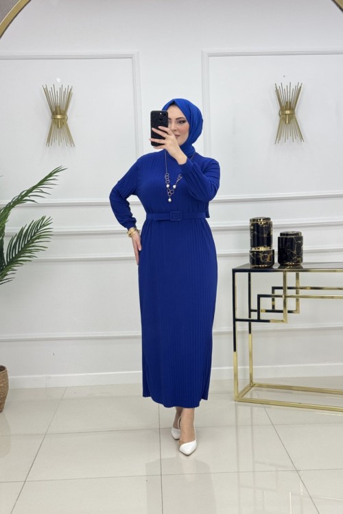 NAZLI PİLİSELİ ELBİSE-SAKS MAVİSİ