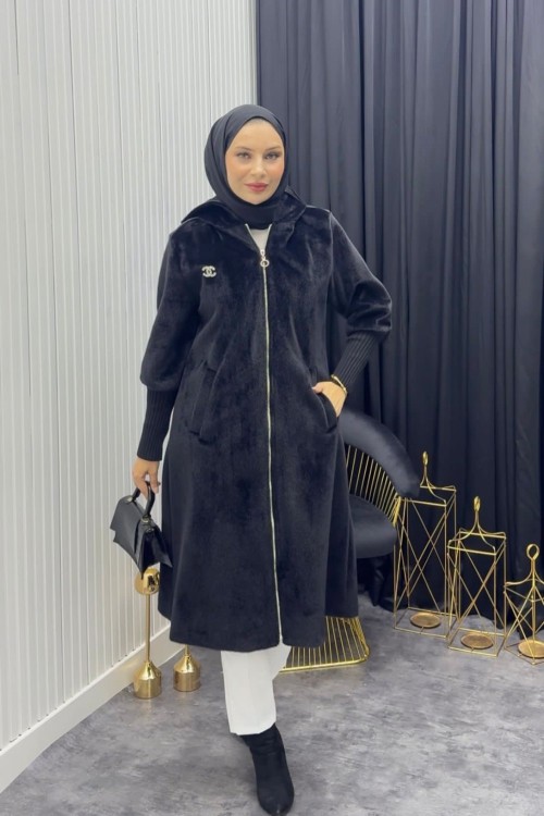 Broşlu Angora Kaban Siyah Siyah