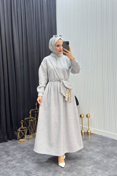 Çantalı Elbise Gri Gri