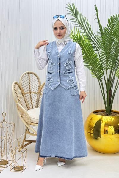 Çiçekli Tesettür Takım Mavi
