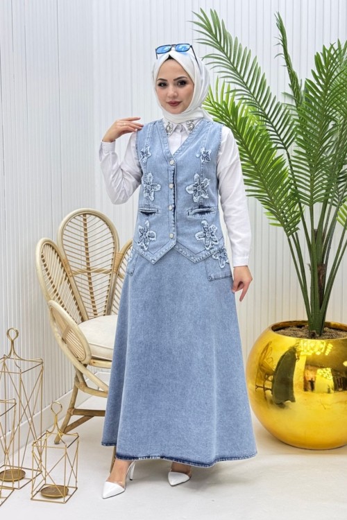 Çiçekli Tesettür Takım Mavi