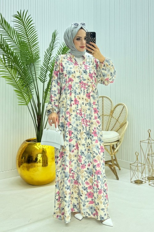 Çiçekli Tesettür Elbise Gri Gri