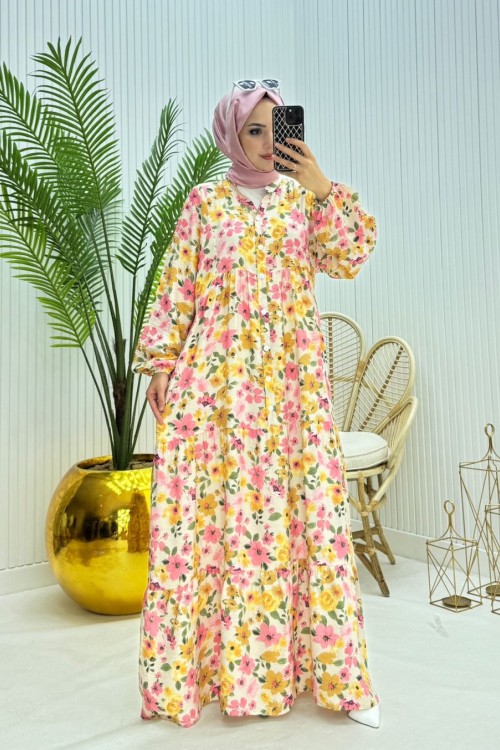 Çiçekli Tesettür Elbise Pembe Pembe