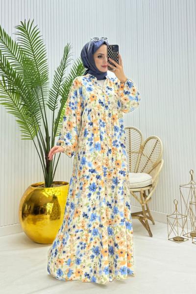 Çiçekli Tesettür Elbise Mavi Mavi