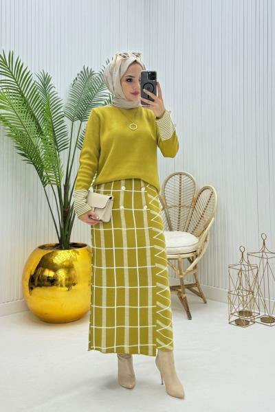 Çizgi Detay Tesettür Takım Yağ Yeşili Yağ Yeşili