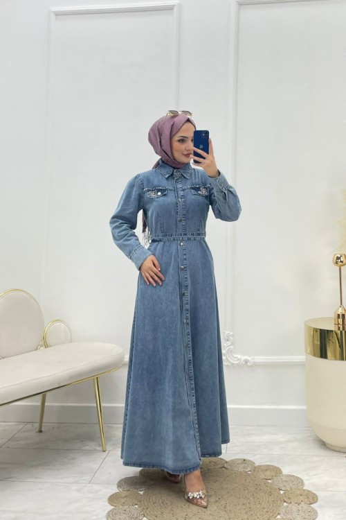 Deniz Tesettür Kot Elbise Mavi Mavi