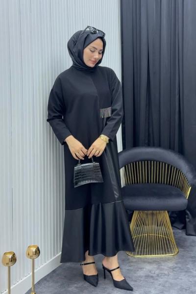 Deri Detay Elbise Siyah Siyah