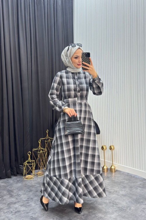 Ekose Elbise Füme Füme