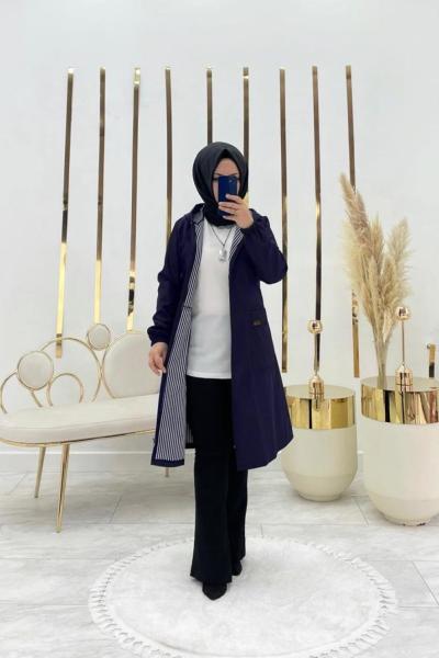 Elçin Tesettür Trenç Lacivert  Lacivert