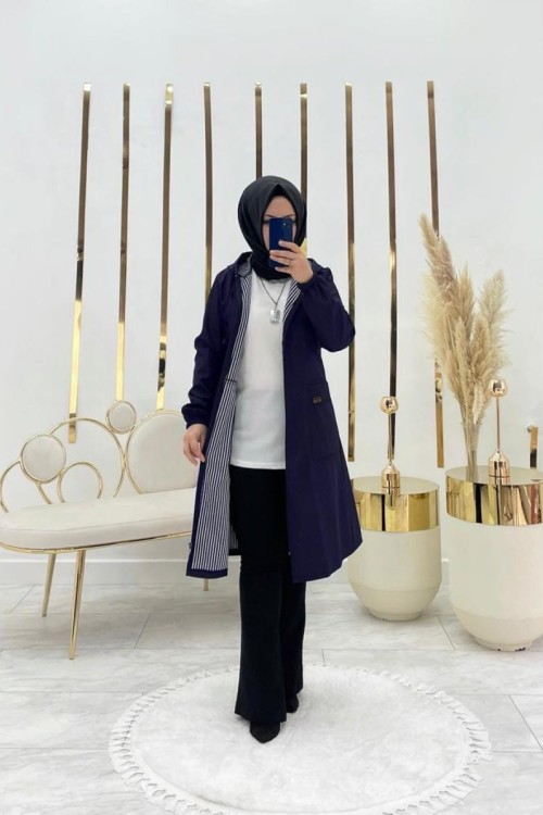 Elçin Tesettür Trenç Lacivert  Lacivert