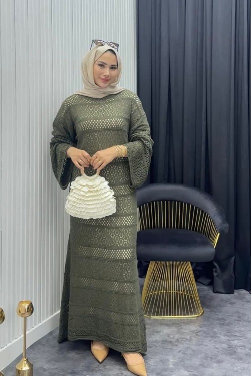 File Detay Elbise Haki Haki