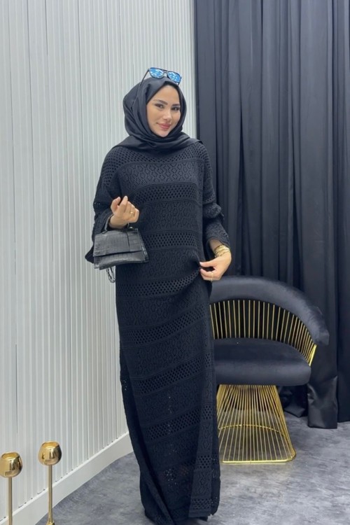 File Detay Elbise Siyah Siyah