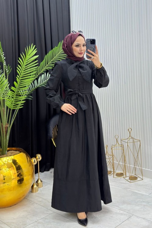 Fular Detay Elbise Siyah Siyah