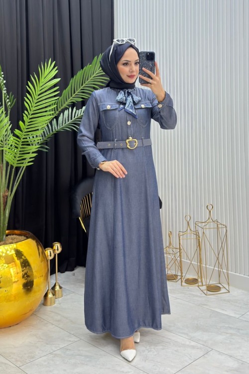 Fular Detay Elbise Mavi Mavi