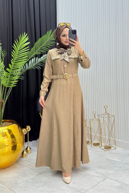 Fular Detay Elbise Camel Camel